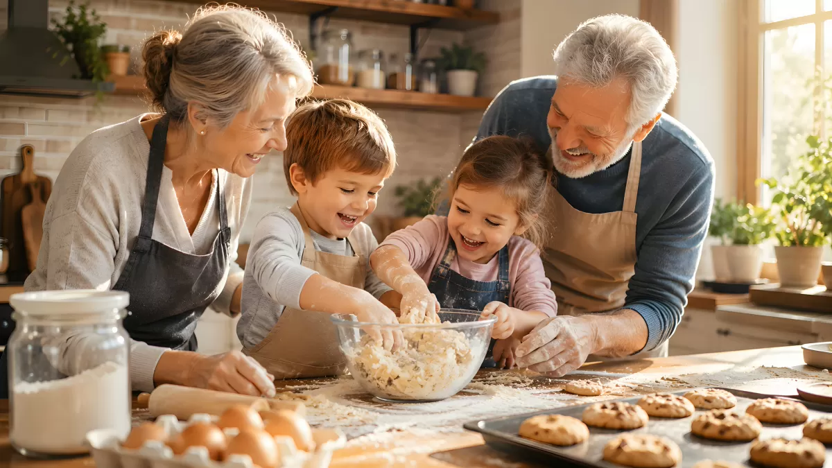 Großeltern backen Kekse mit Enkelkindern in Küche