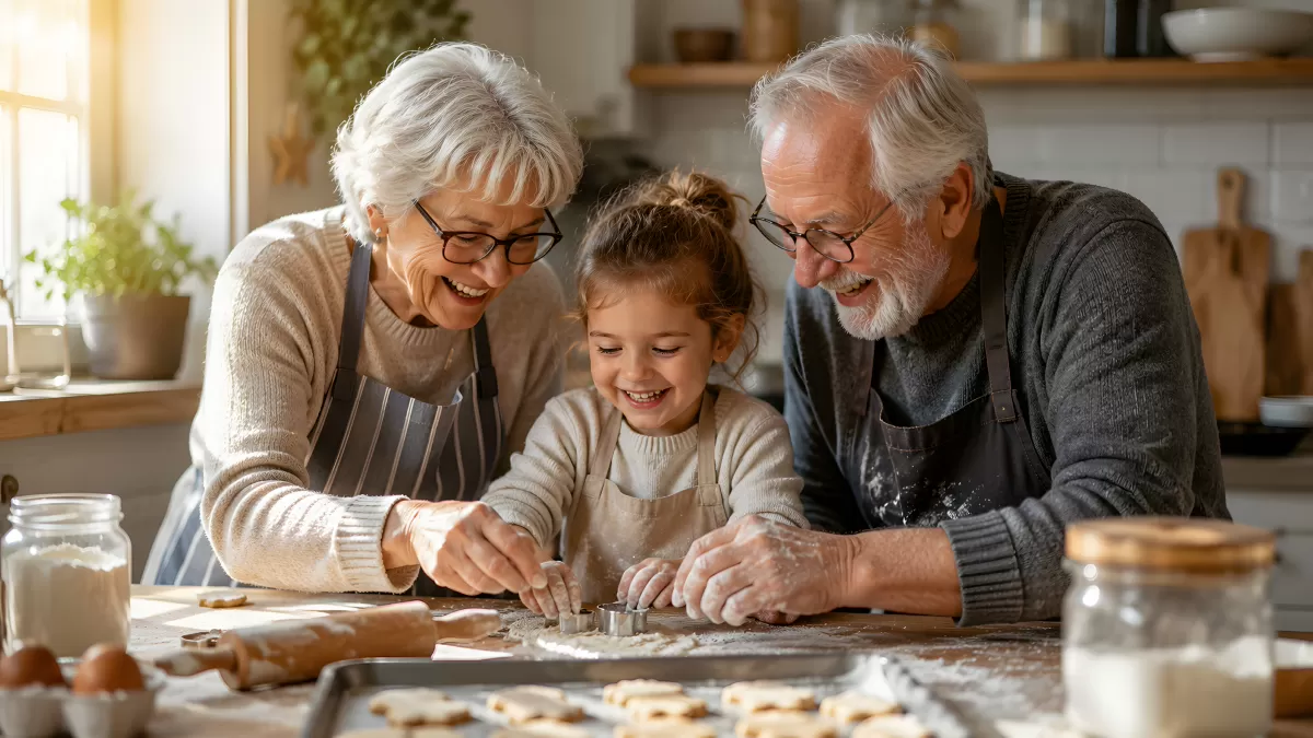Großeltern backen mit Enkelin Plätzchen in Küche
