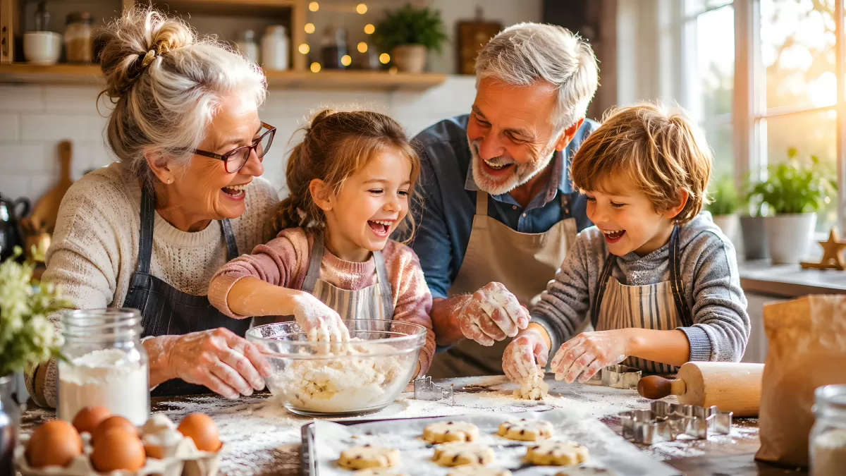 Großeltern backen mit Enkelkindern in der Küche