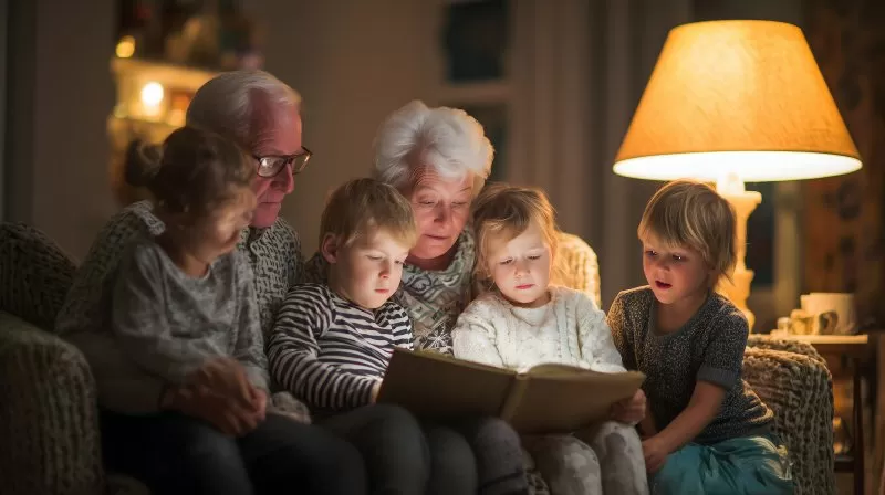 Großeltern lesen abends mit Enkeln ein Buch im Wohnzimmer