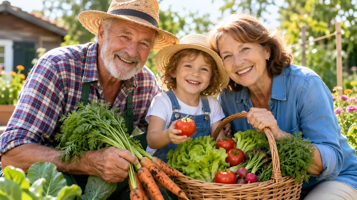 Großeltern und Enkel ernten Gemüse im Garten