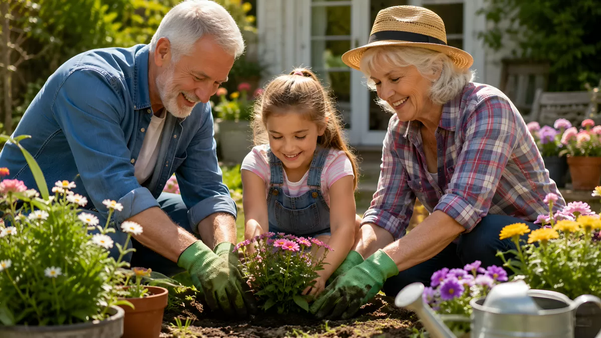 Großeltern und Enkelin pflanzen Blumen im Garten