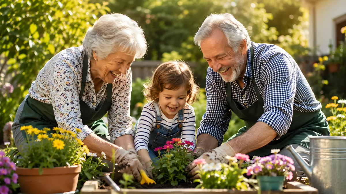 Großeltern und Enkelkind pflanzen Blumen im Garten