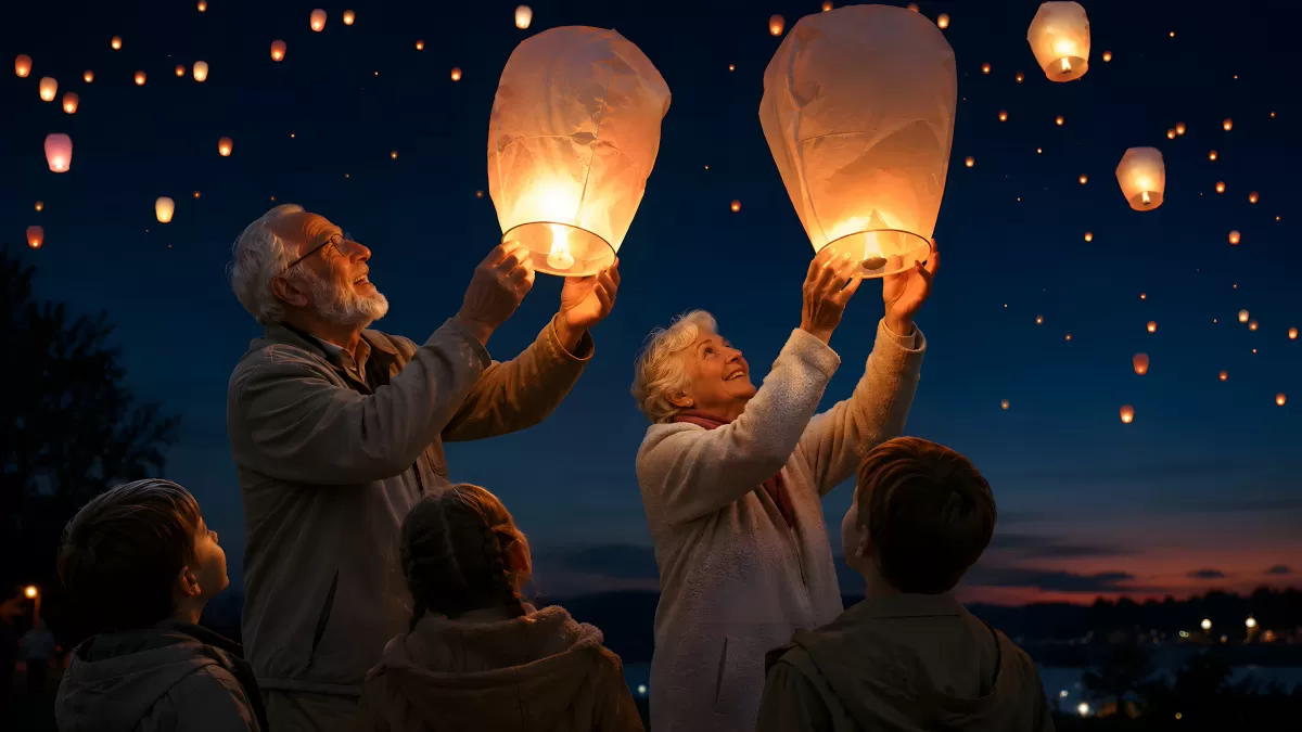 Großeltern und Kinder lassen Laternen in den Abendhimmel steigen