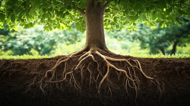 Großer Baum mit mächtigen Wurzeln und dichter Blätterkrone