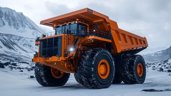 Großer Bergbau-Muldenkipper im Winterlandschaft
