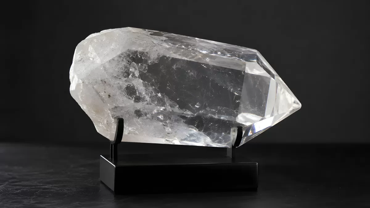 Großer Bergkristall auf schwarzem Präsentationsständer