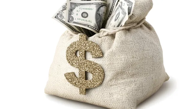 Großer Geldsack mit Dollar-Symbol und Bargeld