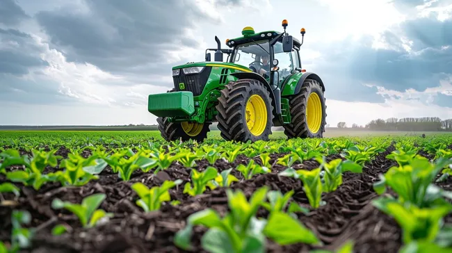 Großer grüner Traktor auf üppigem Feld