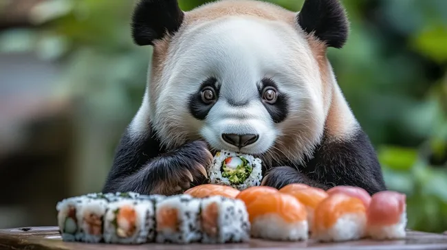 Großer Panda genießt japanisches Sushiessen im Freien