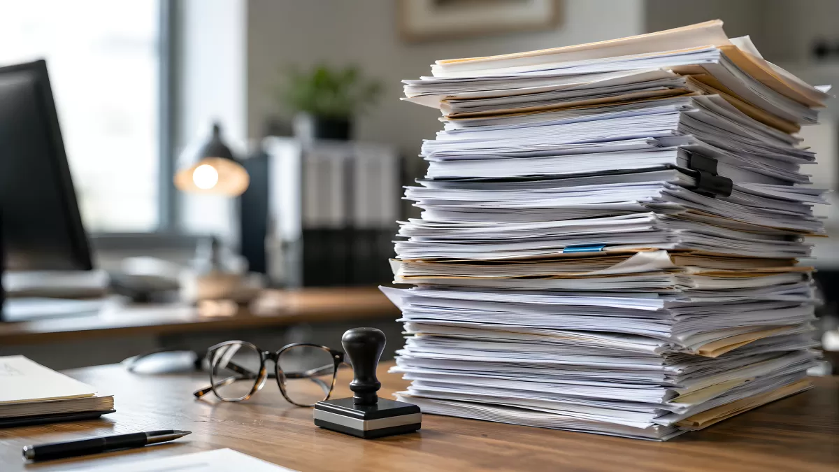 Großer Papierstapel auf Schreibtisch im Büro