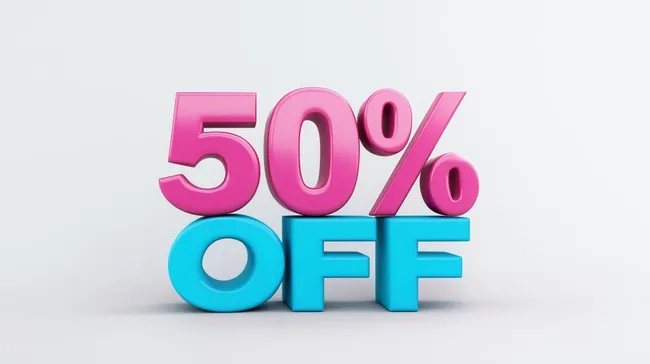 Großer Rabatt-Schriftzug in Pink und Blau