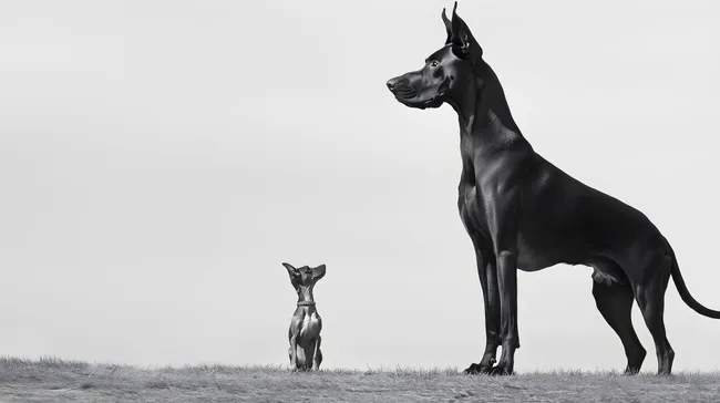 Großer und kleiner Hund betrachten sich gegenseitig