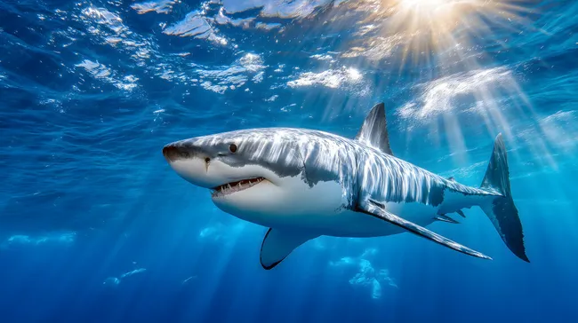 Großer weißer Hai im Blauton unter Wasser