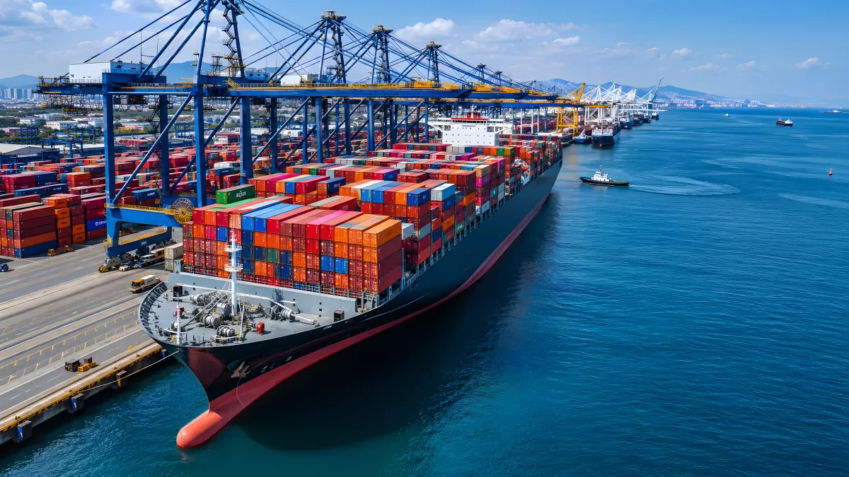 Großes Containerschiff im Hafen mit Ladekränen