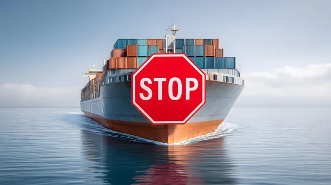 Großes Containerschiff mit Stoppschild auf hoher See