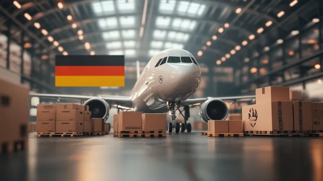 Großes Frachtflugzeug in moderner Lagerhalle mit Versandkisten