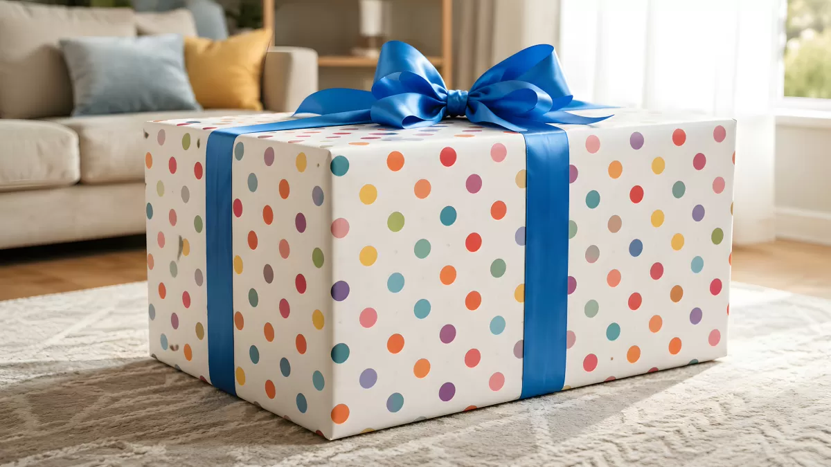Großes Geschenkpaket mit bunten Punkten und blauer Schleife