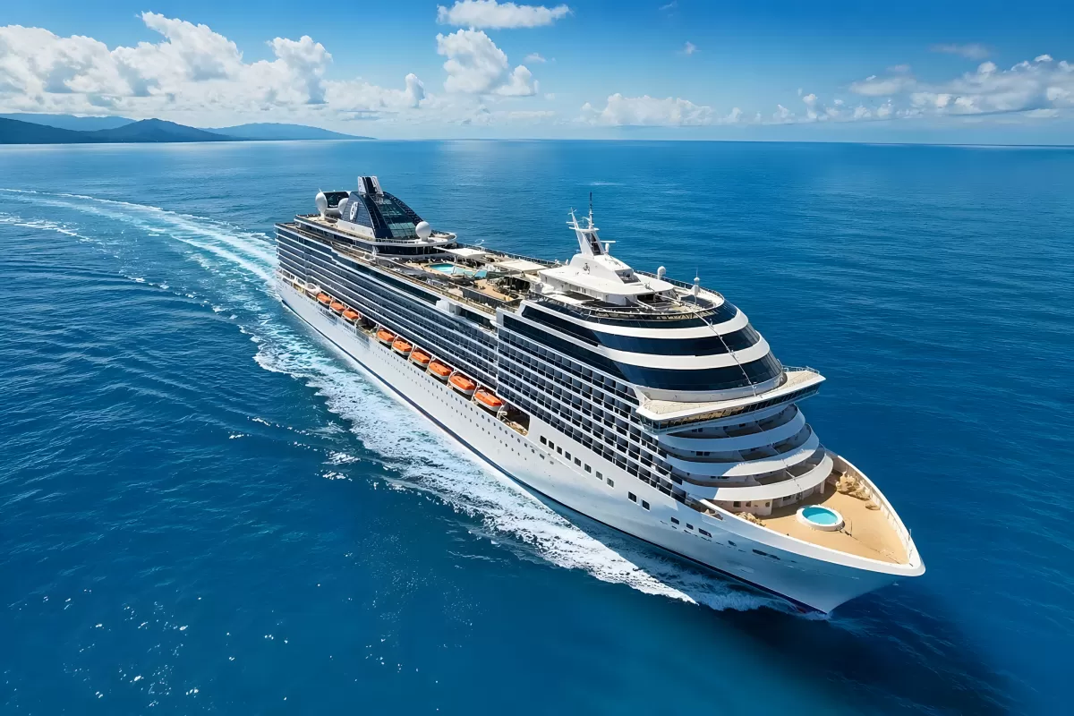 Großes Kreuzfahrtschiff auf blauem Ozean von oben