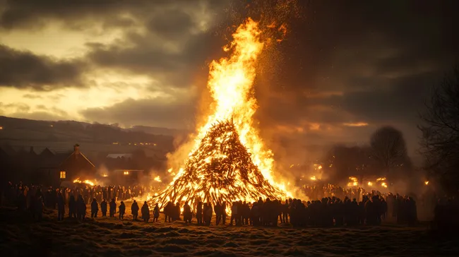 Großes Osterfeuer in winterlicher Landschaft