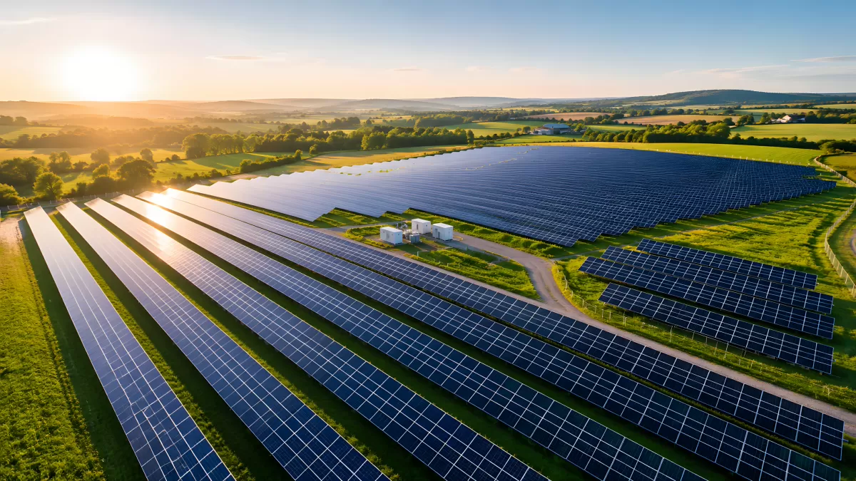 Großes Solarpark-Feld bei Sonnenuntergang aus der Luft