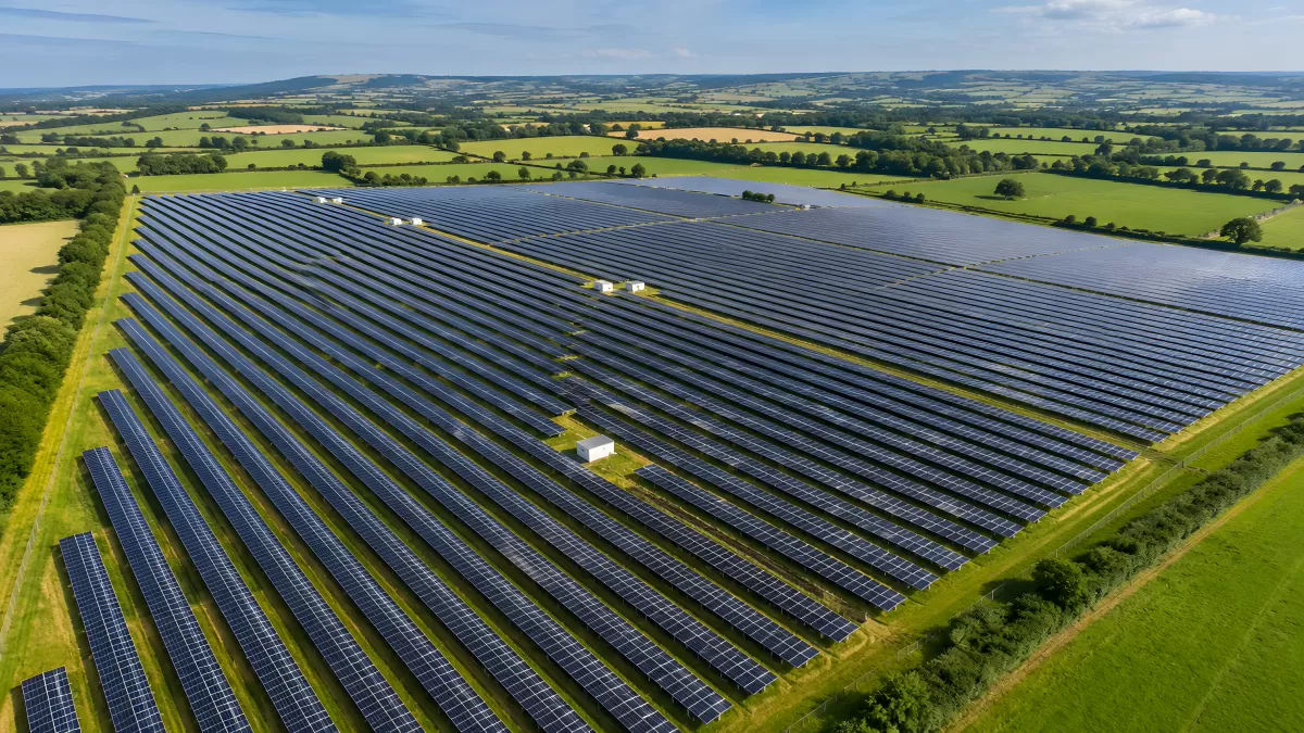 Großes Solarpark-Luftbild über grüner Landschaft