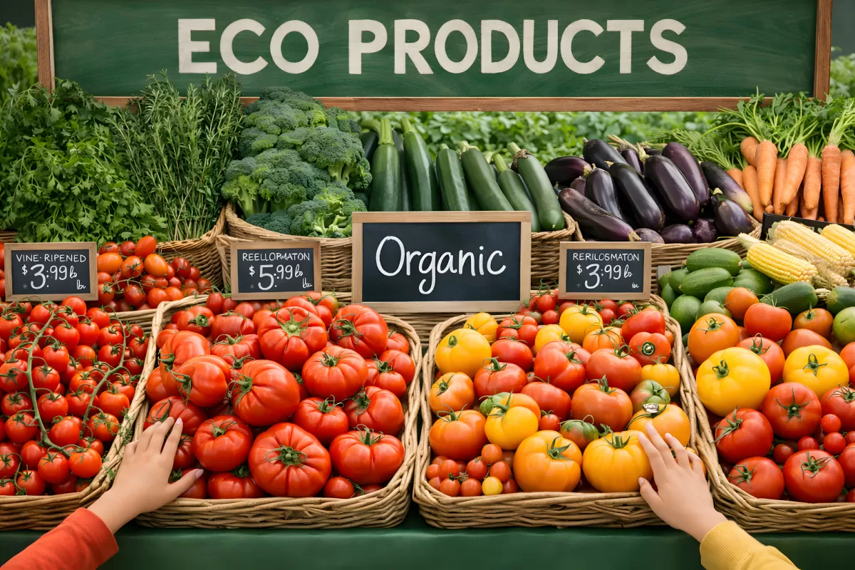 Großes Sortiment an Bio-Gemüse und -Obst in der Öko-Produktabteilung