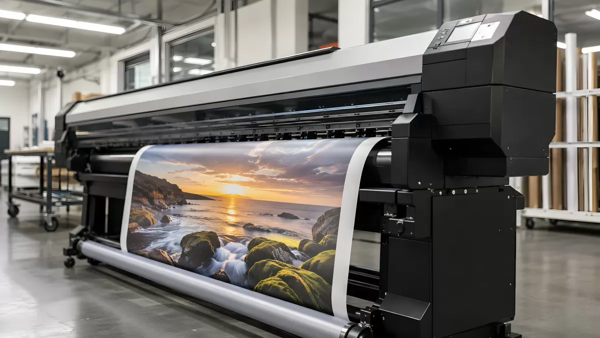 Großformatdrucker druckt Landschaftsfoto mit Sonnenuntergang