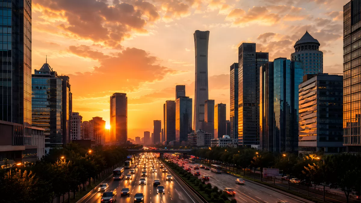 Großstadt-Skyline im Sonnenuntergang mit Stadtautobahn