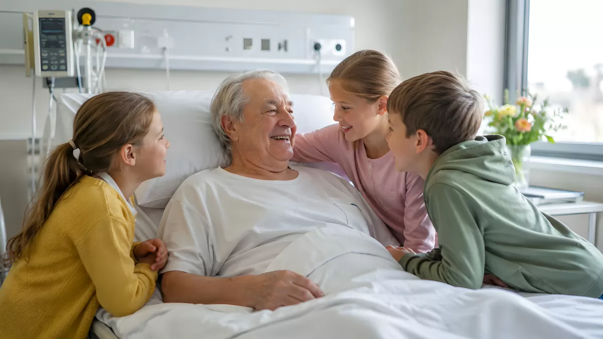Großvater im Krankenhaus mit seinen Enkelkindern