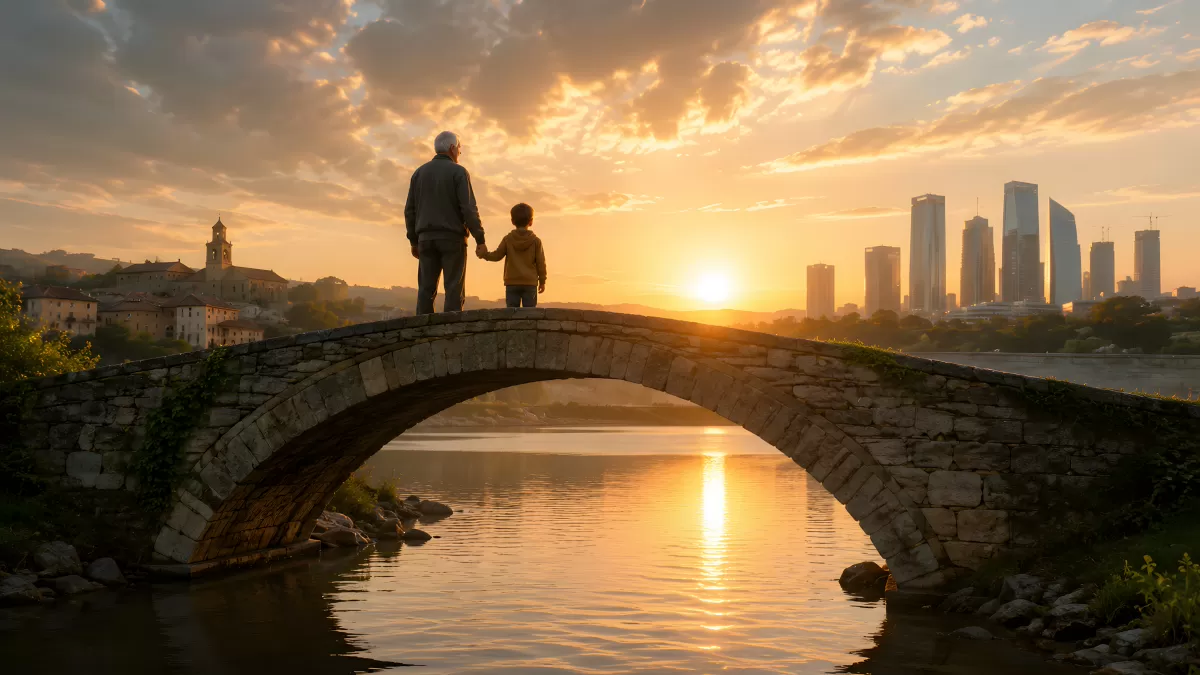 Großvater und Enkel auf alter Steinbrücke im Sonnenuntergang