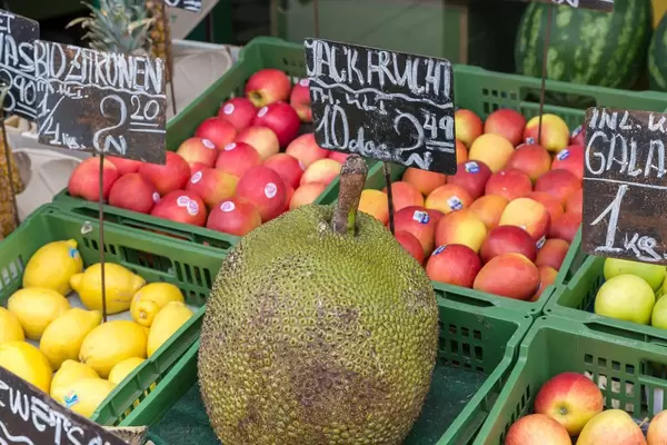 Große Jackfrucht und andere Früchte an einem Obststand am Naschmarkt