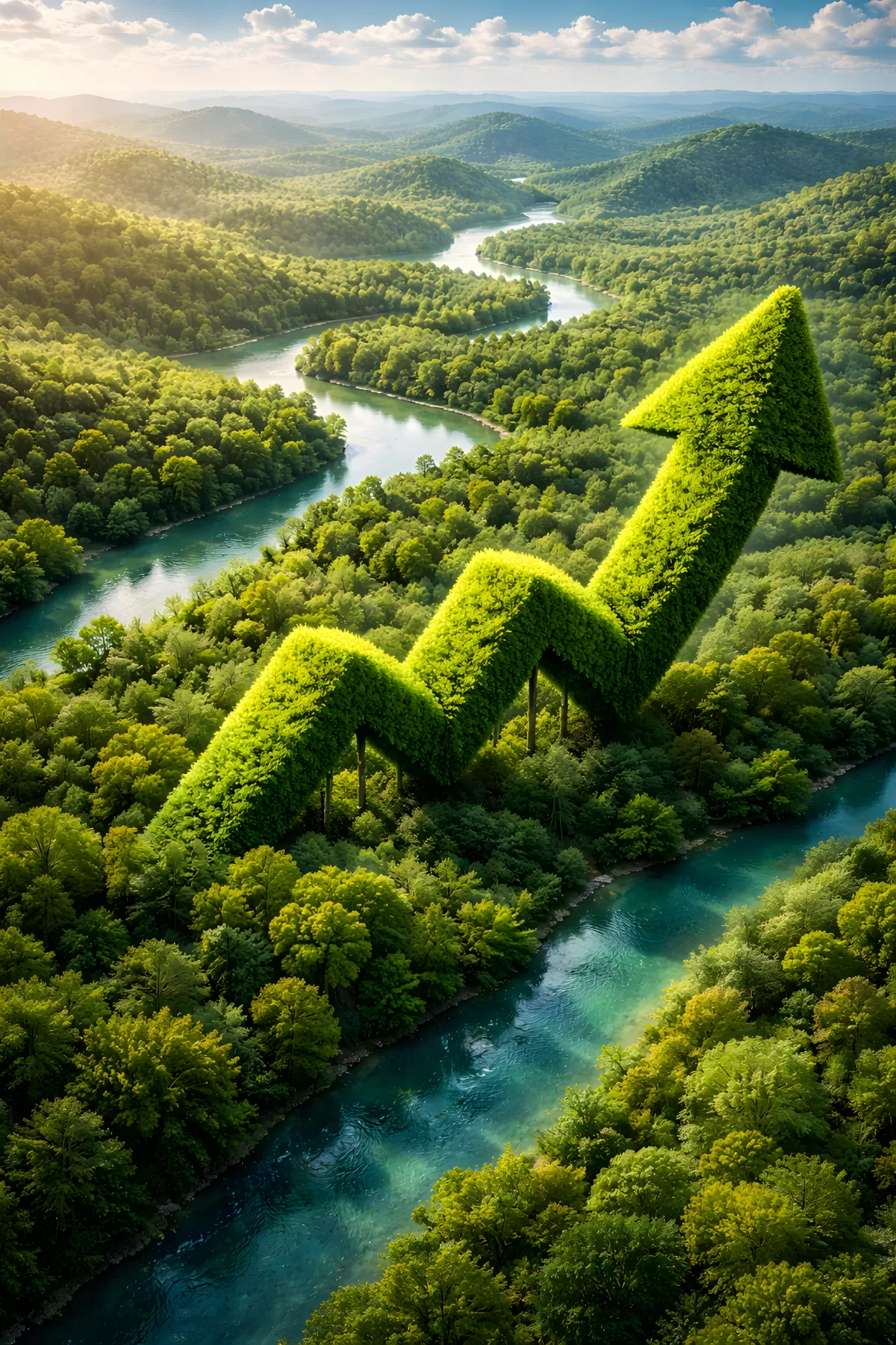 Grüne Berglandschaft mit geschwungenen Waldwegen