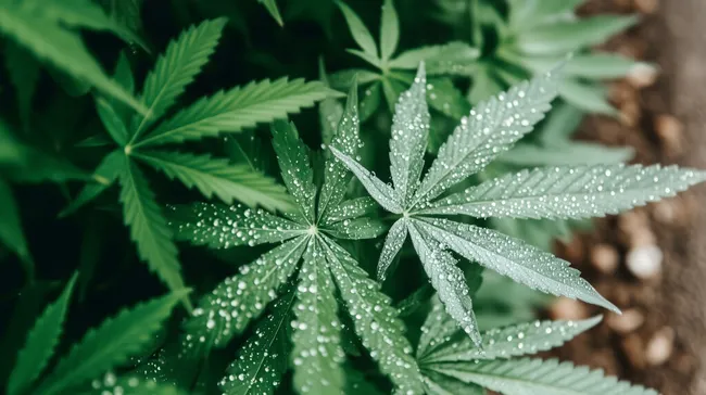 Grüne Cannabisblätter mit Morgentau