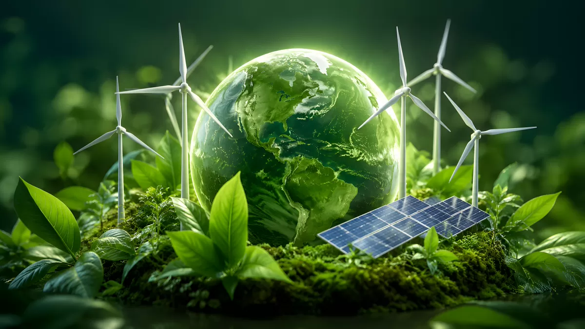 Grüne Erde mit Windrädern und Solarpanel in Natur