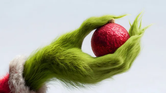 Grüne Fellhand mit roter Weihnachtskugel vor grauem Hintergrund
