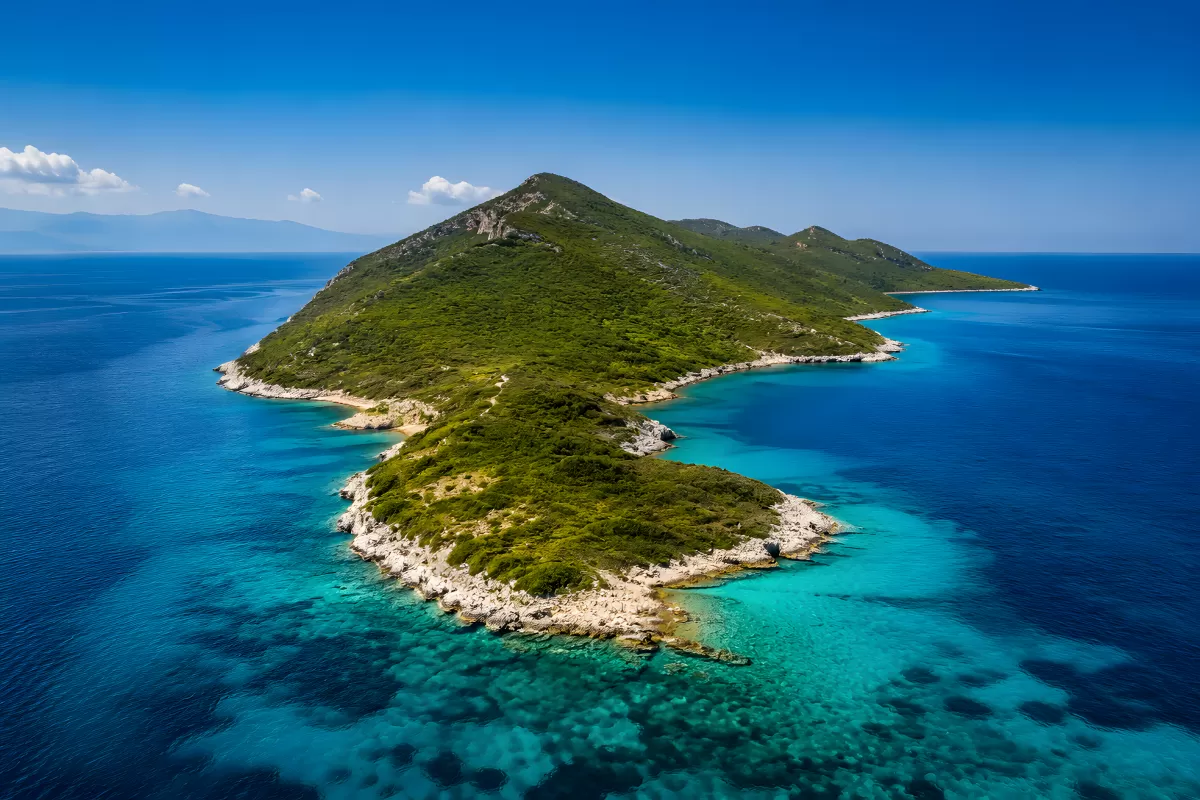 Grüne Felseninsel mit türkisblauem Mittelmeer