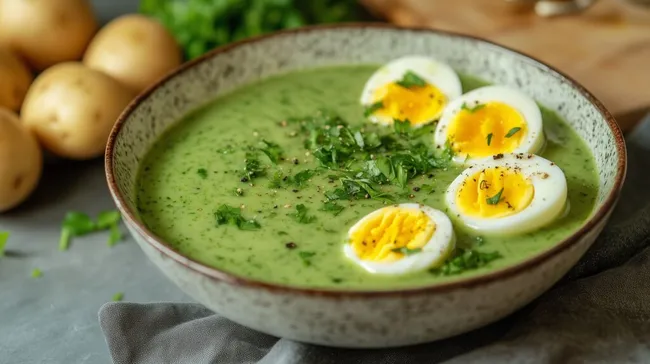 Grüne Gemüsesuppe mit gekochten Eiern