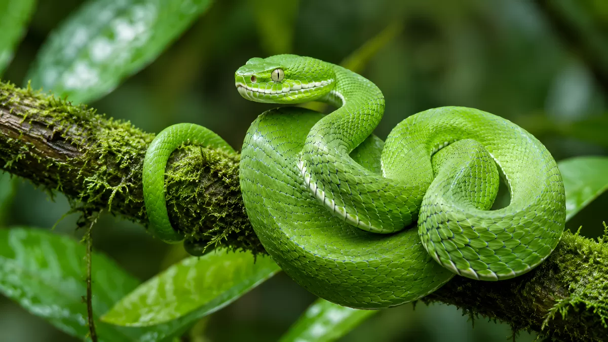 Grüne Grubenotter ringelt sich auf Moosast
