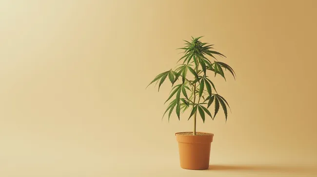 Grüne Hanfpflanze im Topf auf sandfarbigem Hintergrund