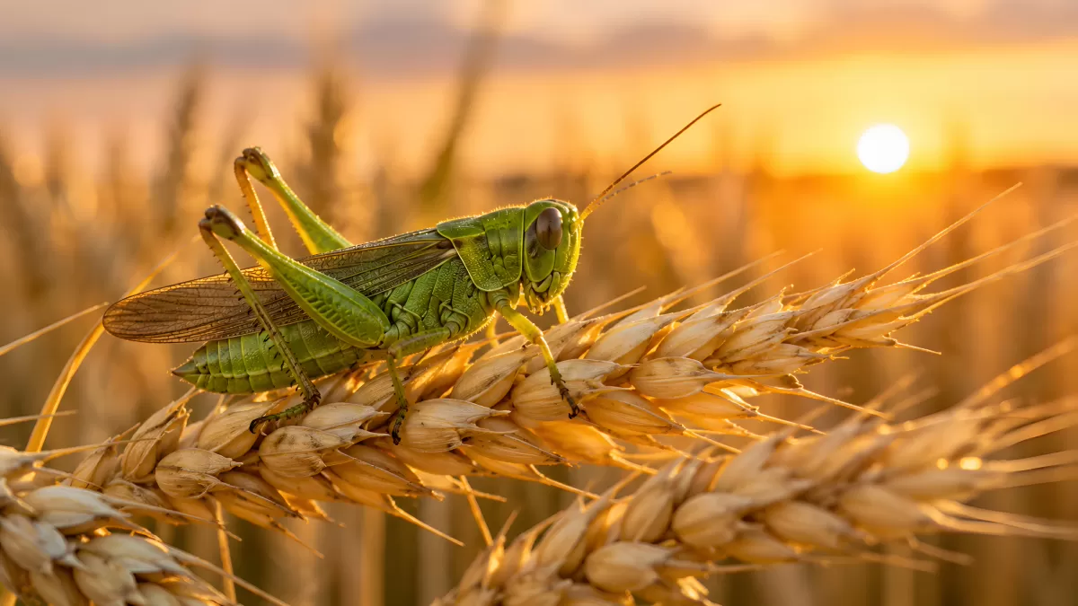 Grüne Heuschrecke auf Weizenähre im Sonnenuntergang