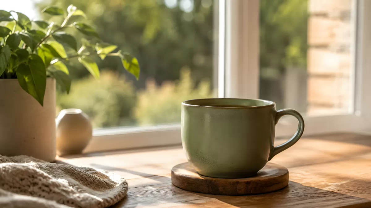 Grüne Keramiktasse auf Holztablett am Fenster