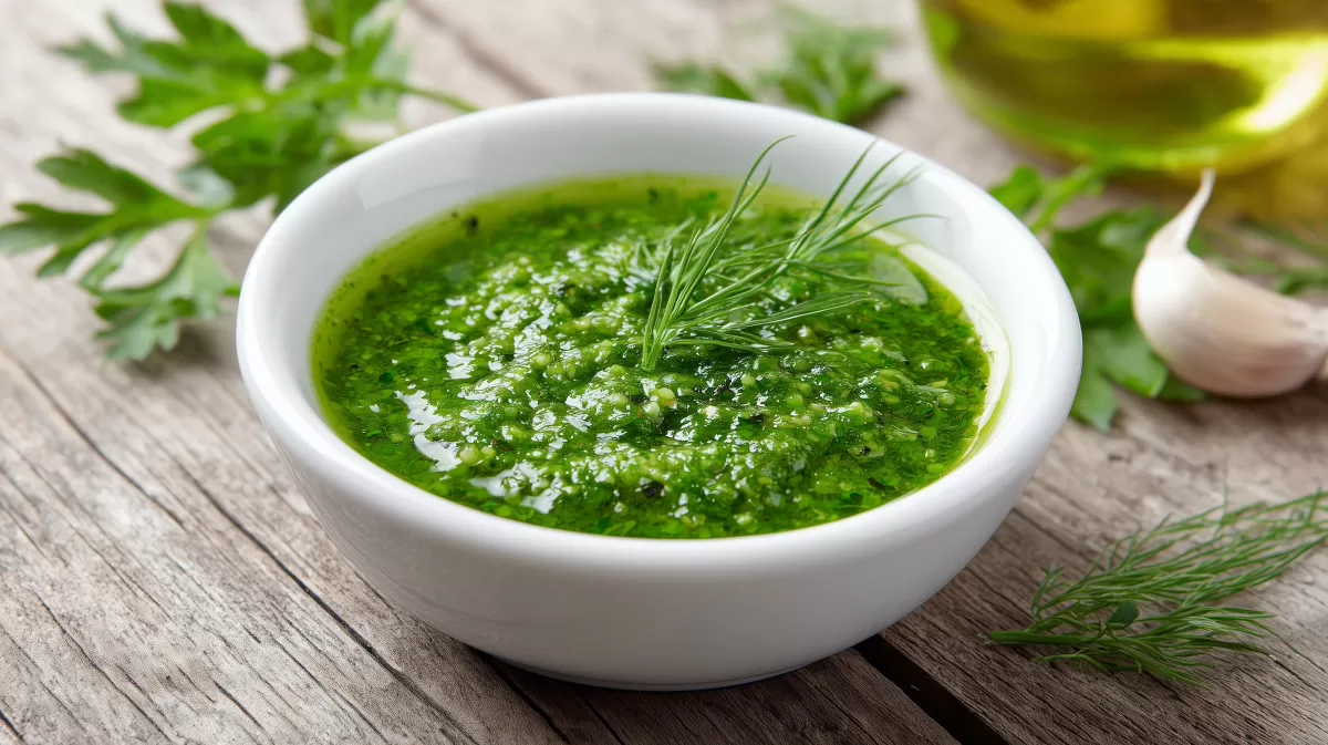 Grüne Kräutersauce mit Garnierung in weißer Schale