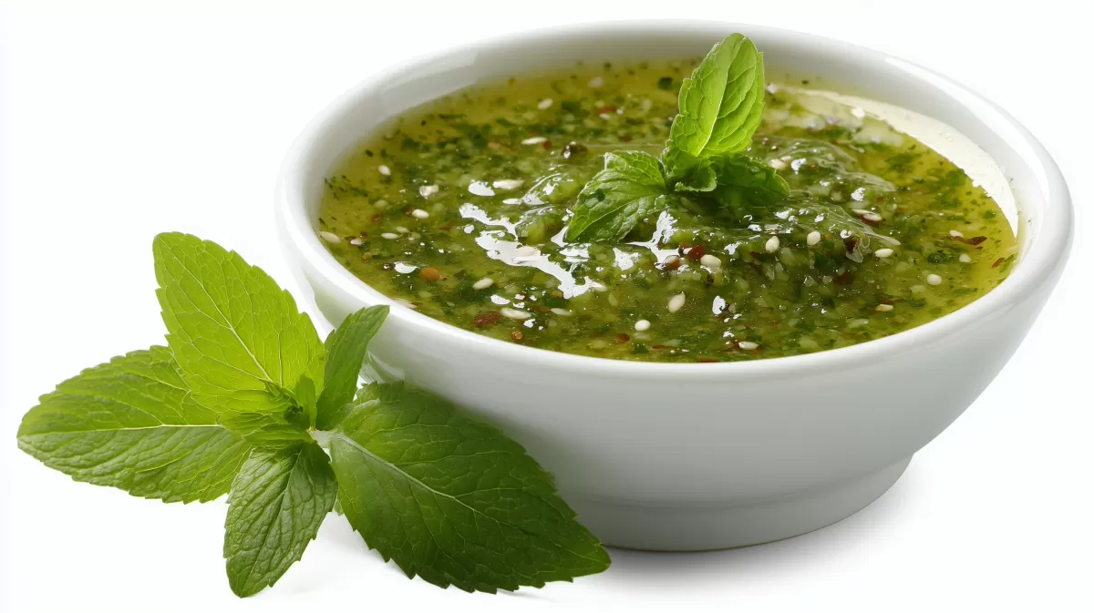 Grüne Kräutersauce mit Minzgarnitur in weißer Schale