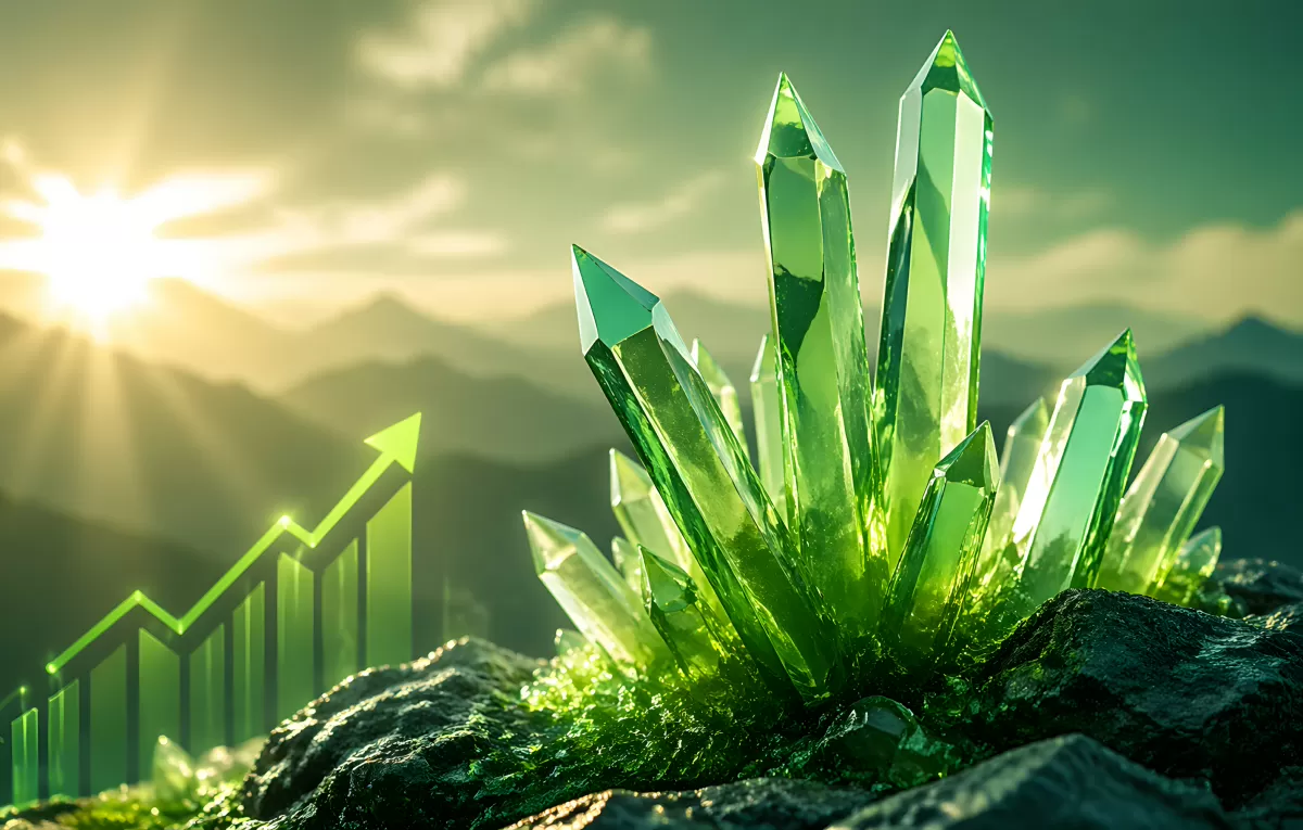 Grüne Kristalle auf Felsen mit Wachstumspfeil im Sonnenlicht