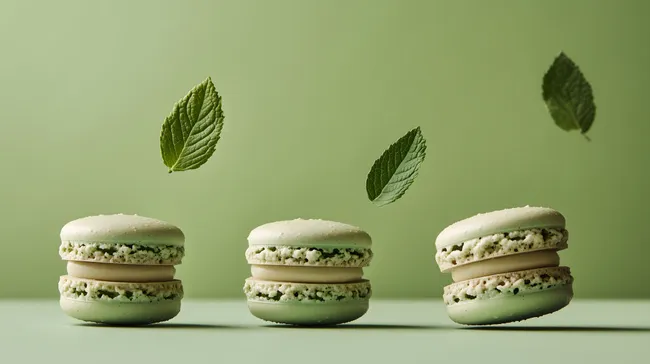 Grüne Macarons mit Minzblättern vor einfarbigem Hintergrund