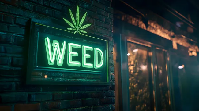 Grüne Marihuana-Werbung an Backsteinwand