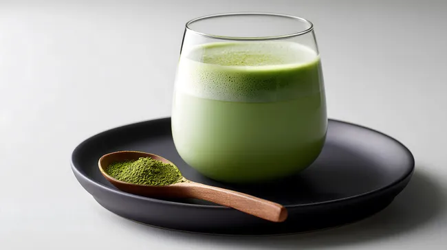 Grüne Matcha-Latte mit Pulver in eleganter Präsentation