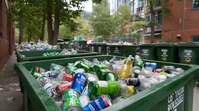 Grüne Müllcontainer voller Dosen und Flaschen in urbaner Umgebung