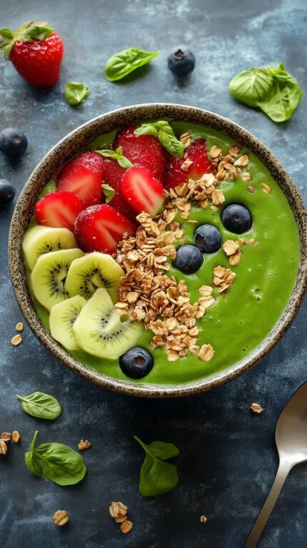 Grüne Smoothie-Bowl mit Obst und Nüssen